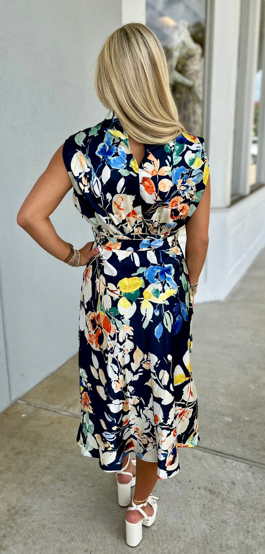 Navy Mock Neck Sleeveless Midi Dress