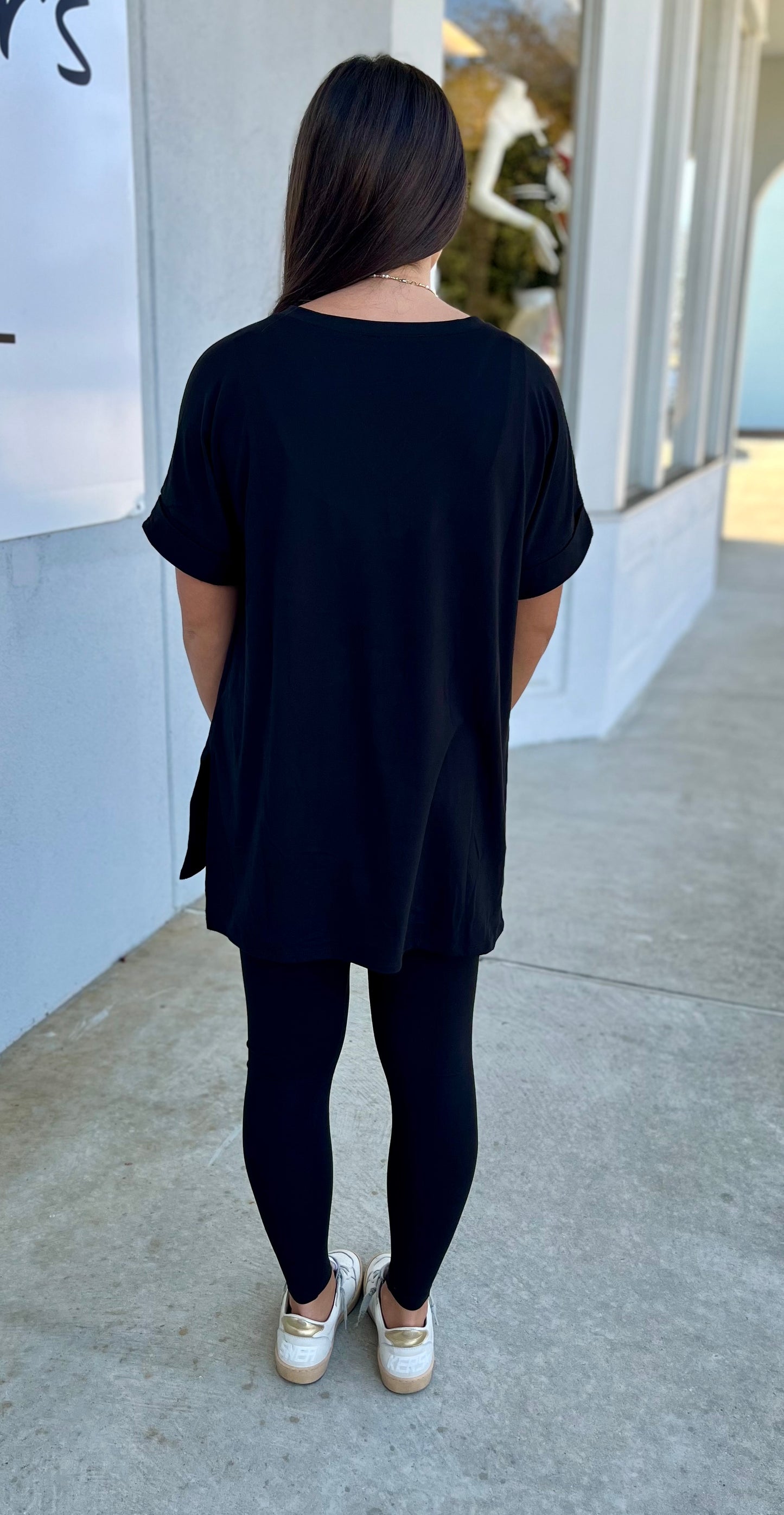 Short Sleeve V Neck Top & Leggings SET, Black