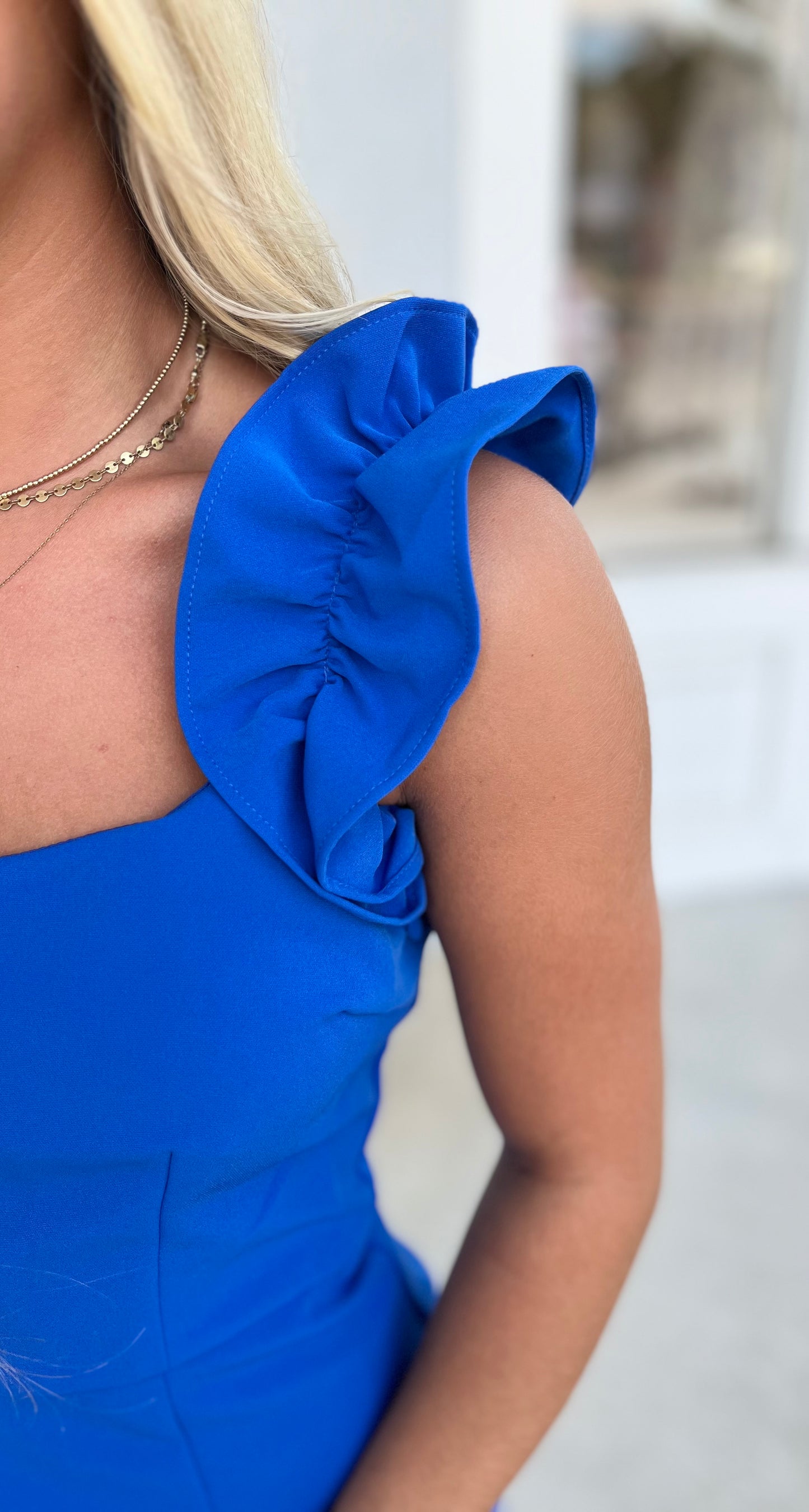 Royal Blue Scoop Neckline Ruffle Dress