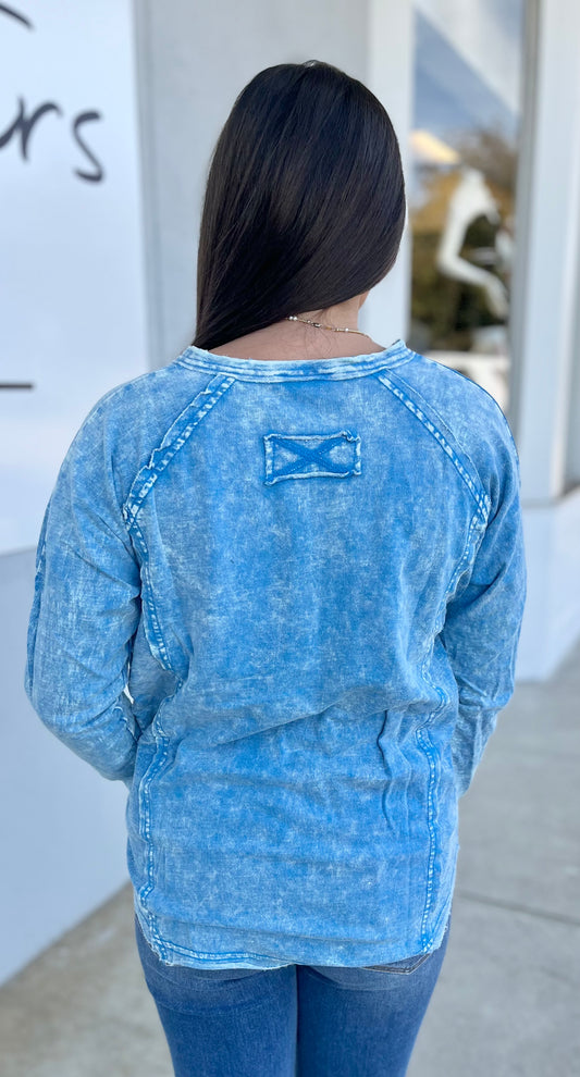 Washed Button Henley Top, Ocean Blue