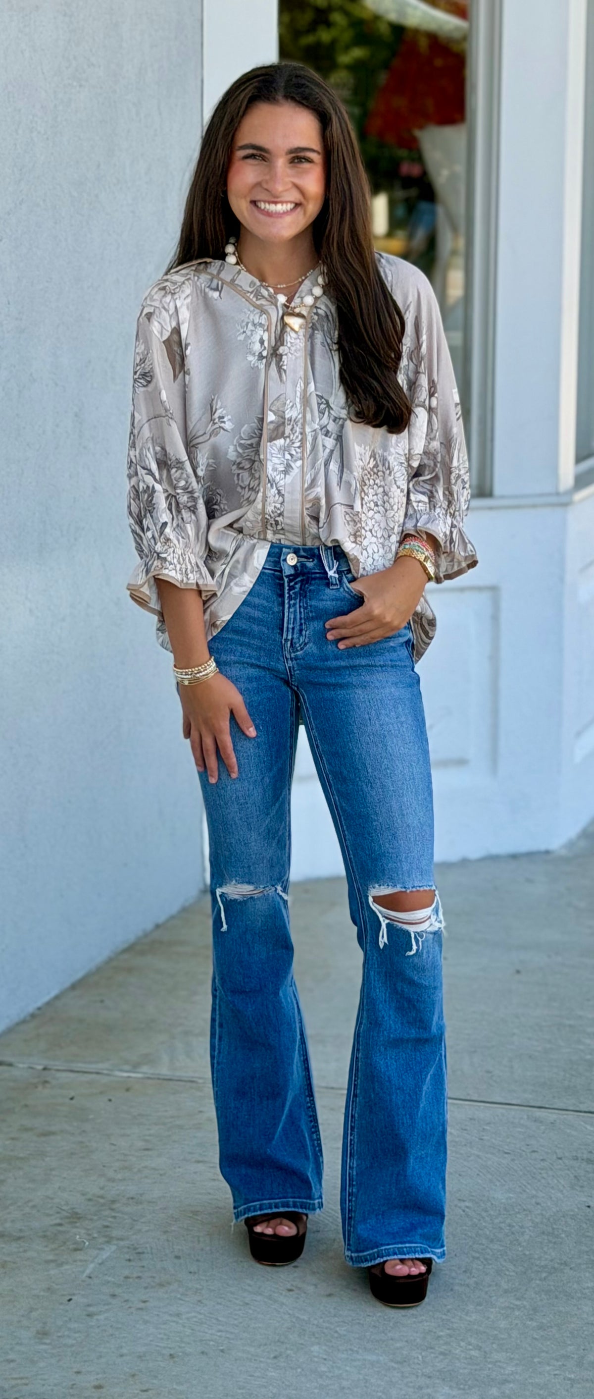 Taupe Floral Print Split Neck Blouse