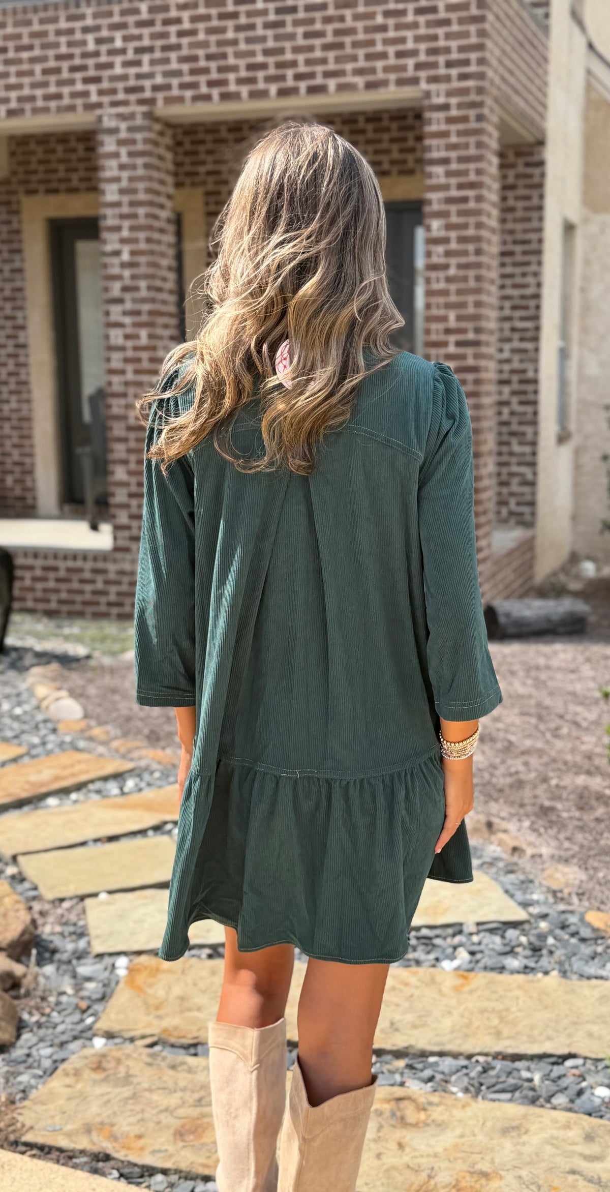 Hunter Green Pleated Ruffle Hem Dress