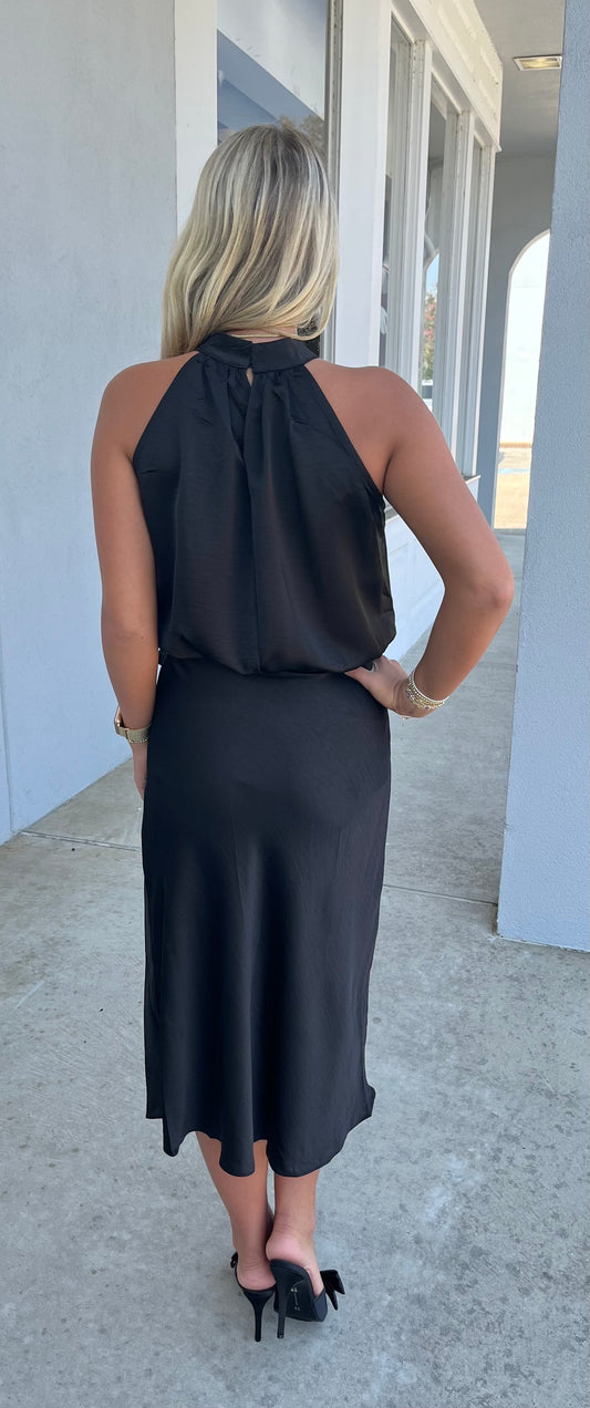 Halter Neck Sleeveless Midi Dress, Black