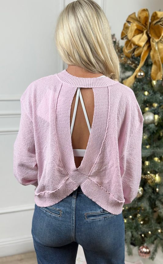 Open Back Cross Rib Crop Sweater, Lt Lilac