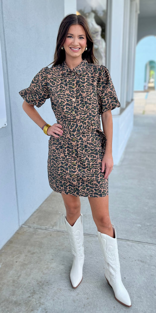 Animal Print Puff Sleeve Belted Dress