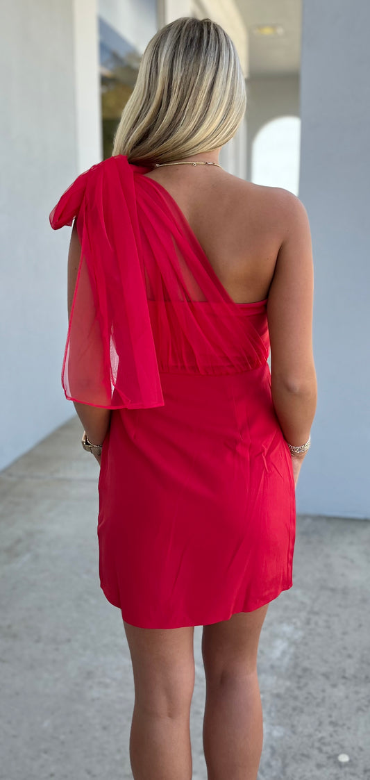 One Shoulder Chiffon Bow Dress , Red