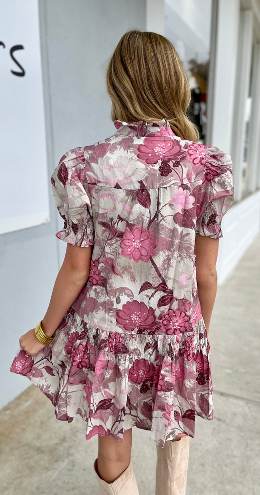 Dusty Rose Floral Print Puff Sleeve Dress