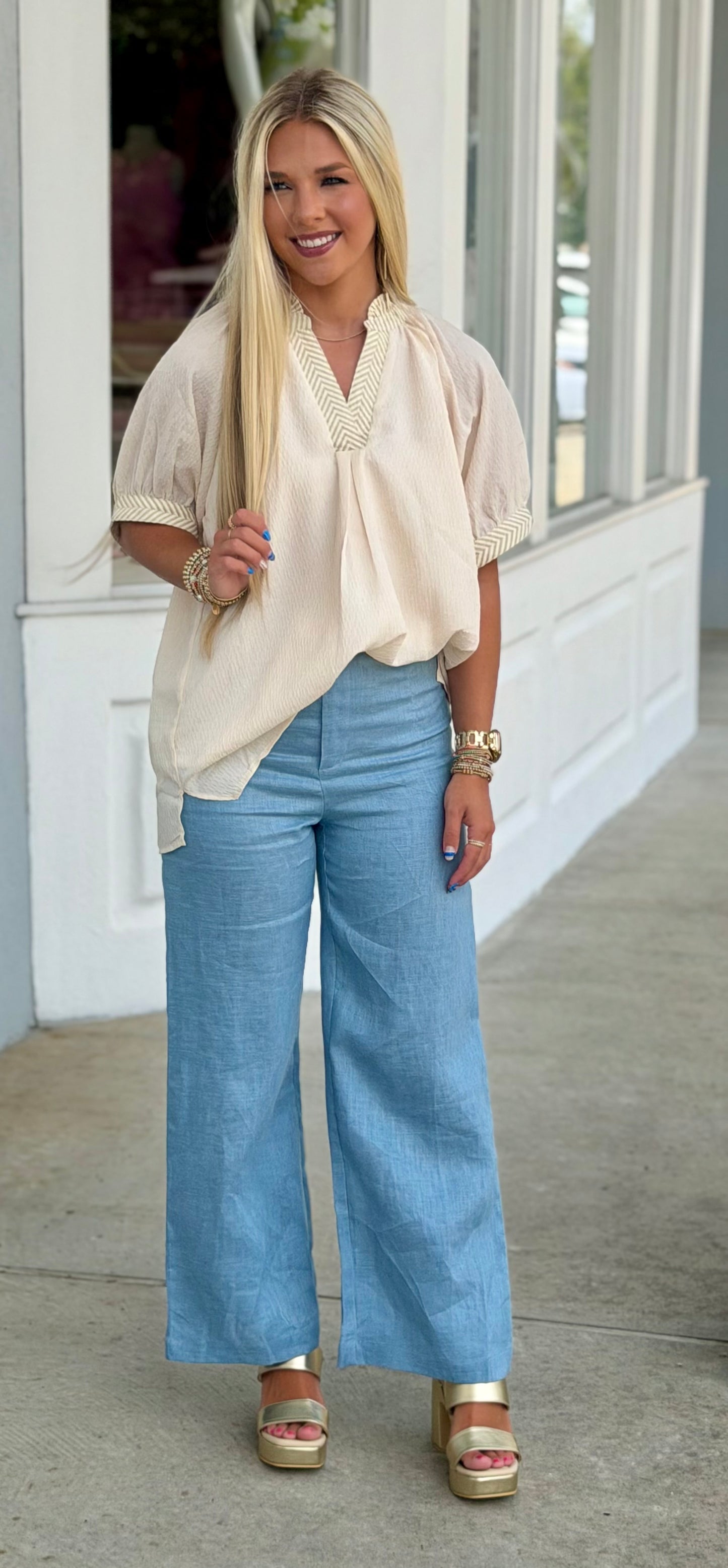 Cream White Chevron Trim Blouse
