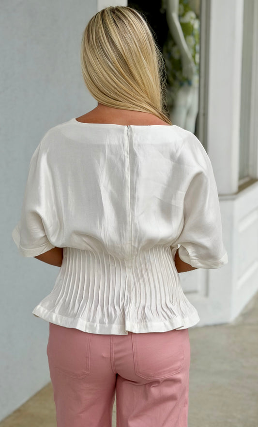 Boat Neck Pleated Top, White