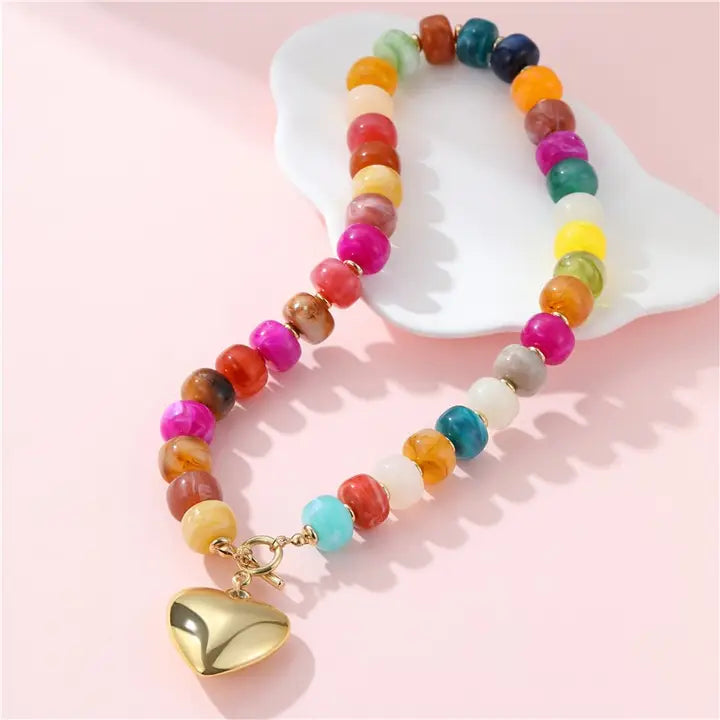 Mutli Beaded Heart Charm Toggle Necklace