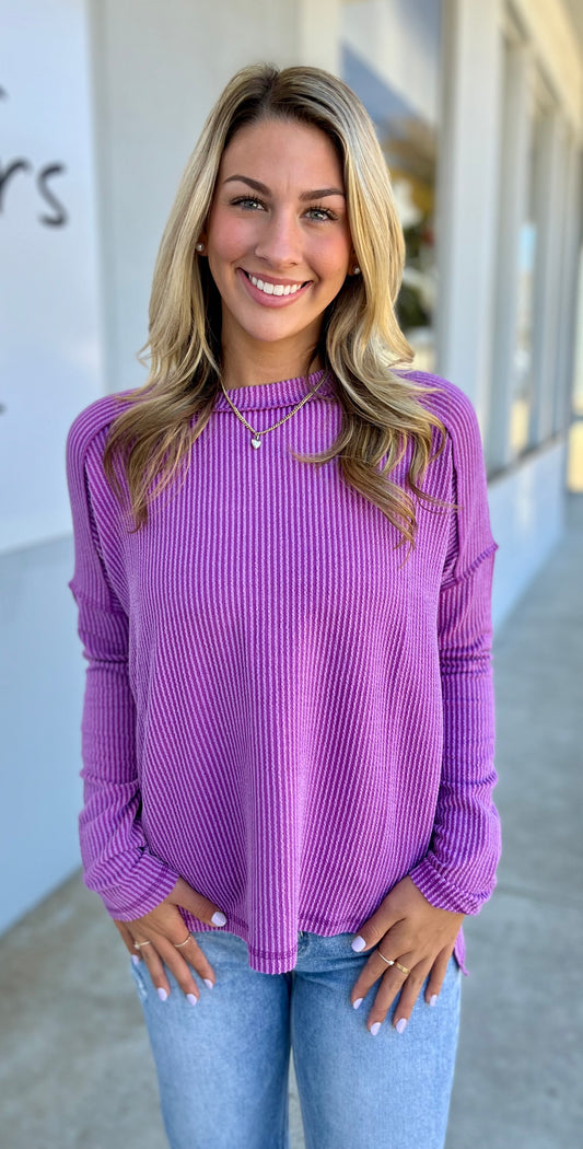 Ribbed Raw Edge Boat Neck Top, Lt Plum