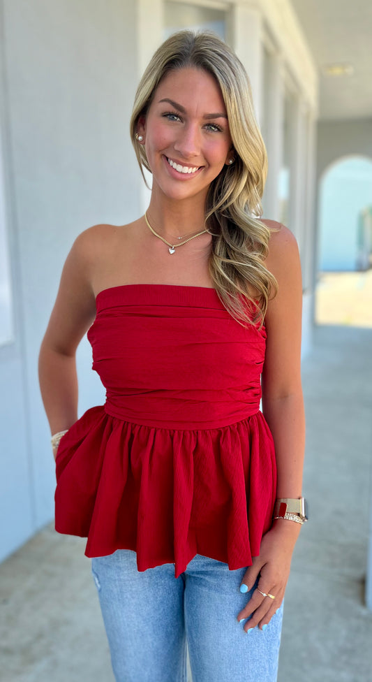 Red Ruched Bodice Strapless Peplum Top