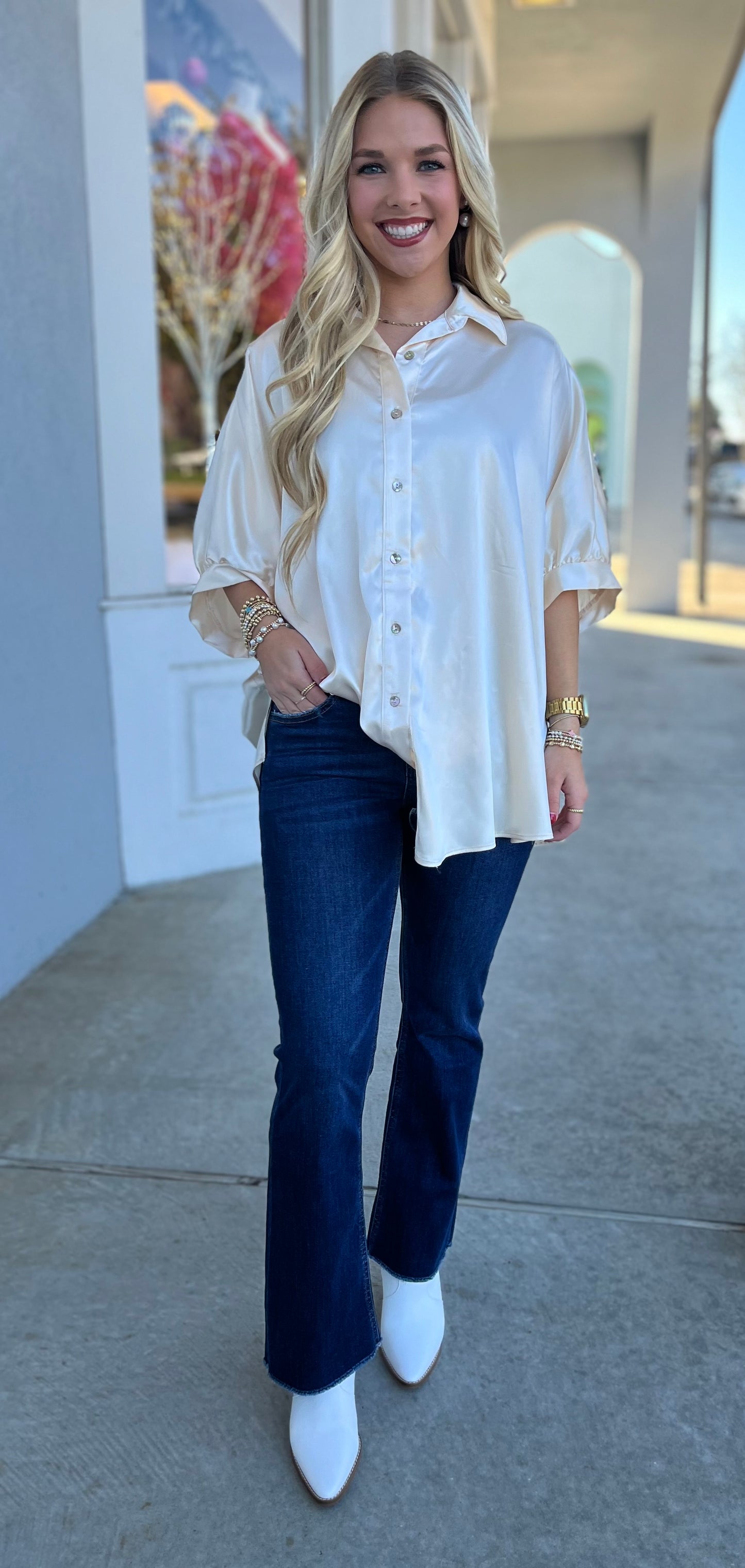 Ivory Satin Button Down Shirt