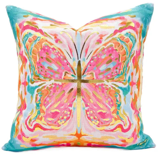 Gold Foil Tropical Kaleidoscope Butterfly Pillow