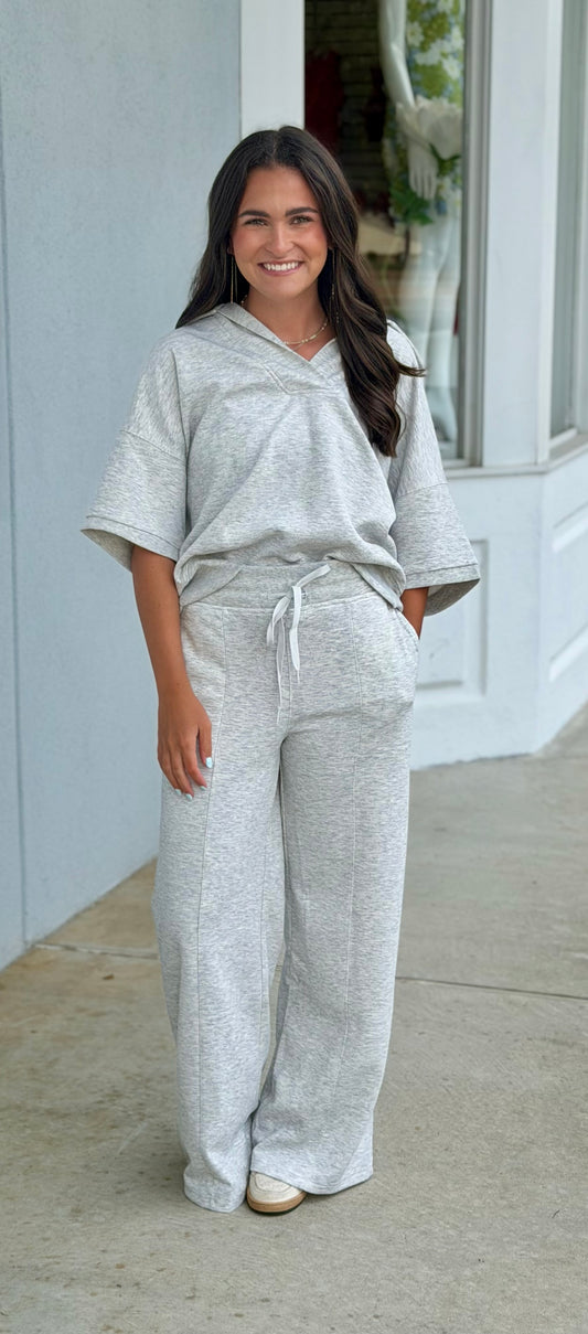 Scuba Collared Short Sleeve Top & Pants SET, H Grey