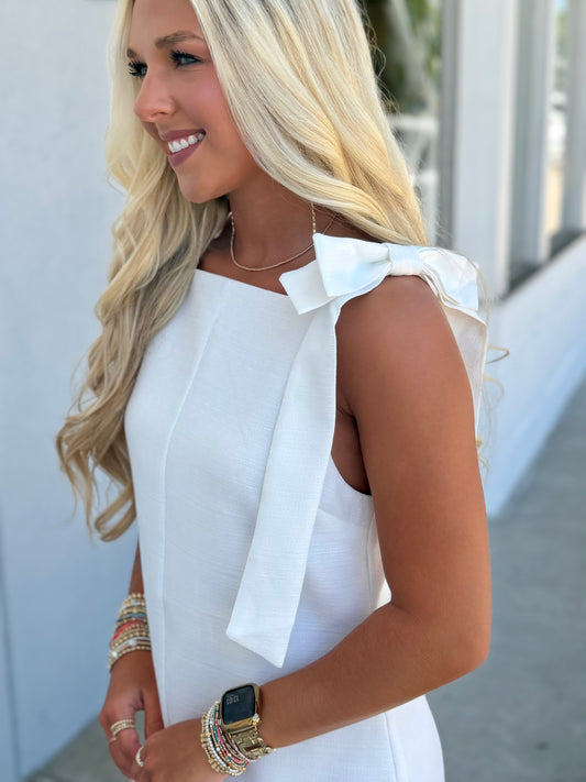 White Bow Strap Mini Dress with Straight Neckline
