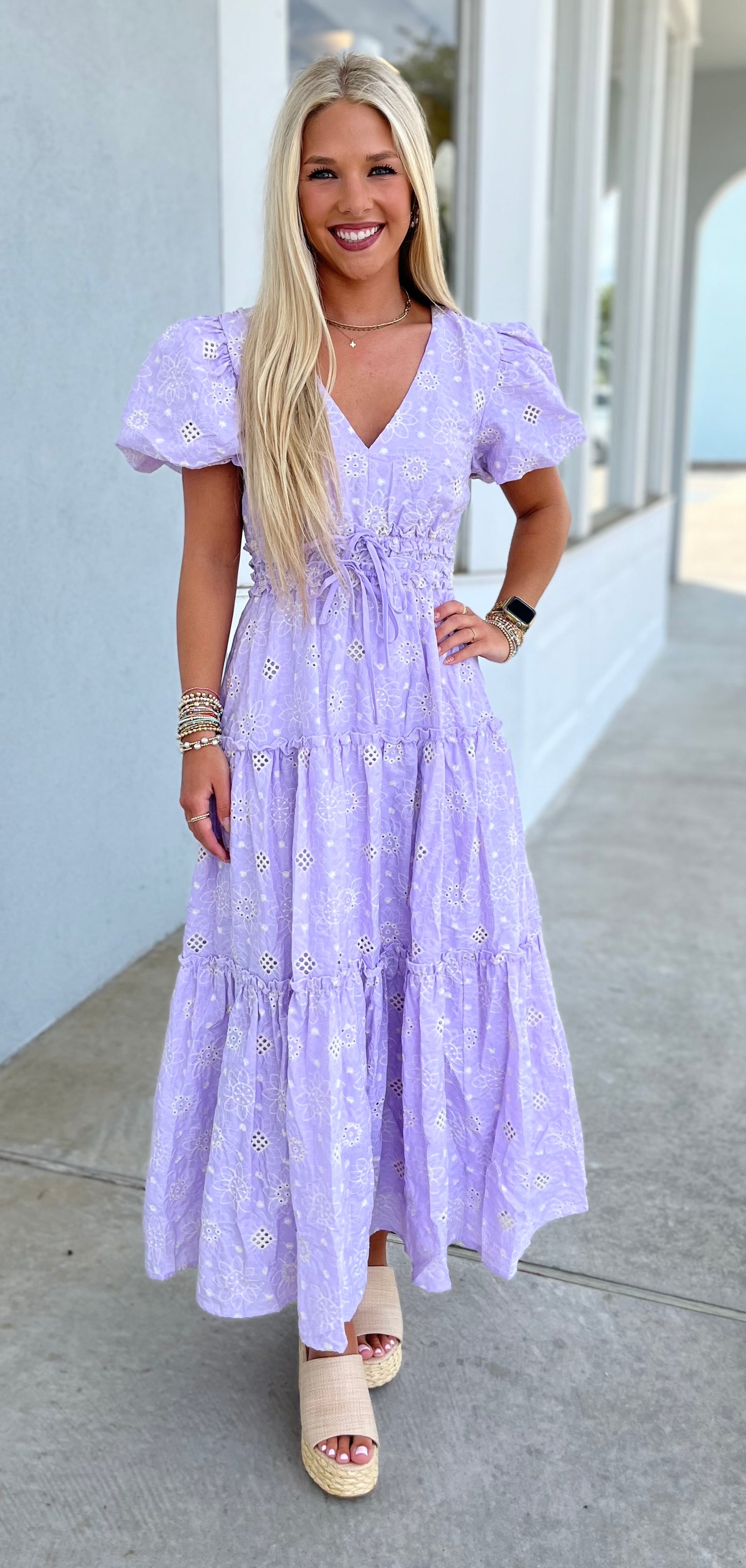 Lavender Eyelet Lace Puff Sleeve Midi Dress