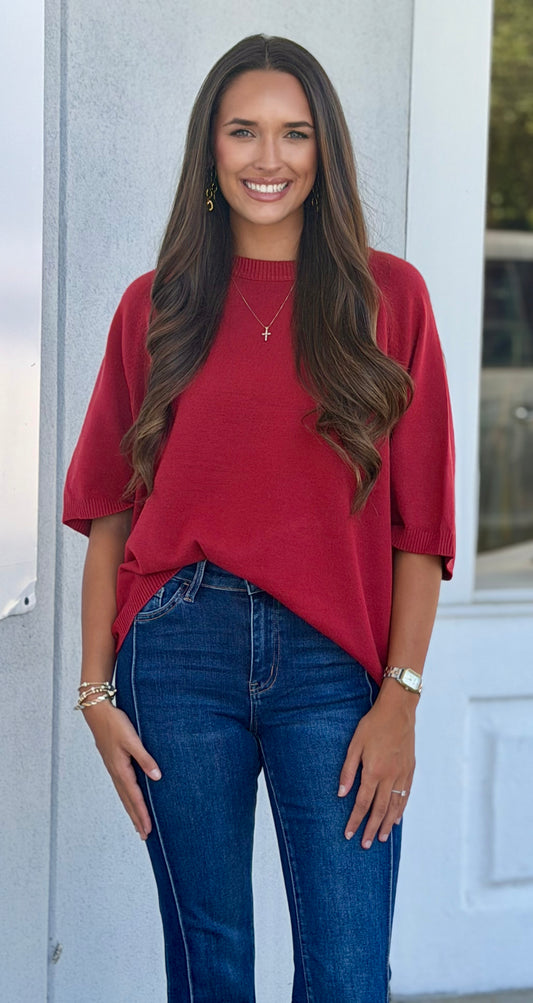 Wide Sleeve Hi Low Crew Neck Sweater, Teaberry