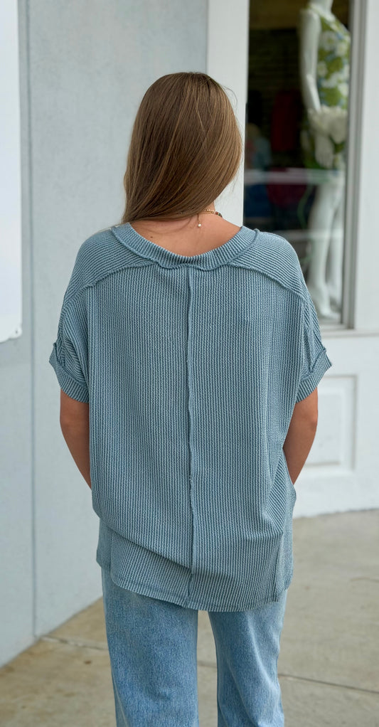 Raised Rib Hi Low V Neck Tee, Blue Grey