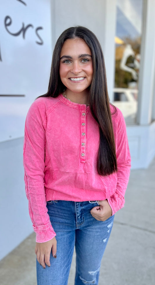 Washed Button Henley Top, Fuchsia