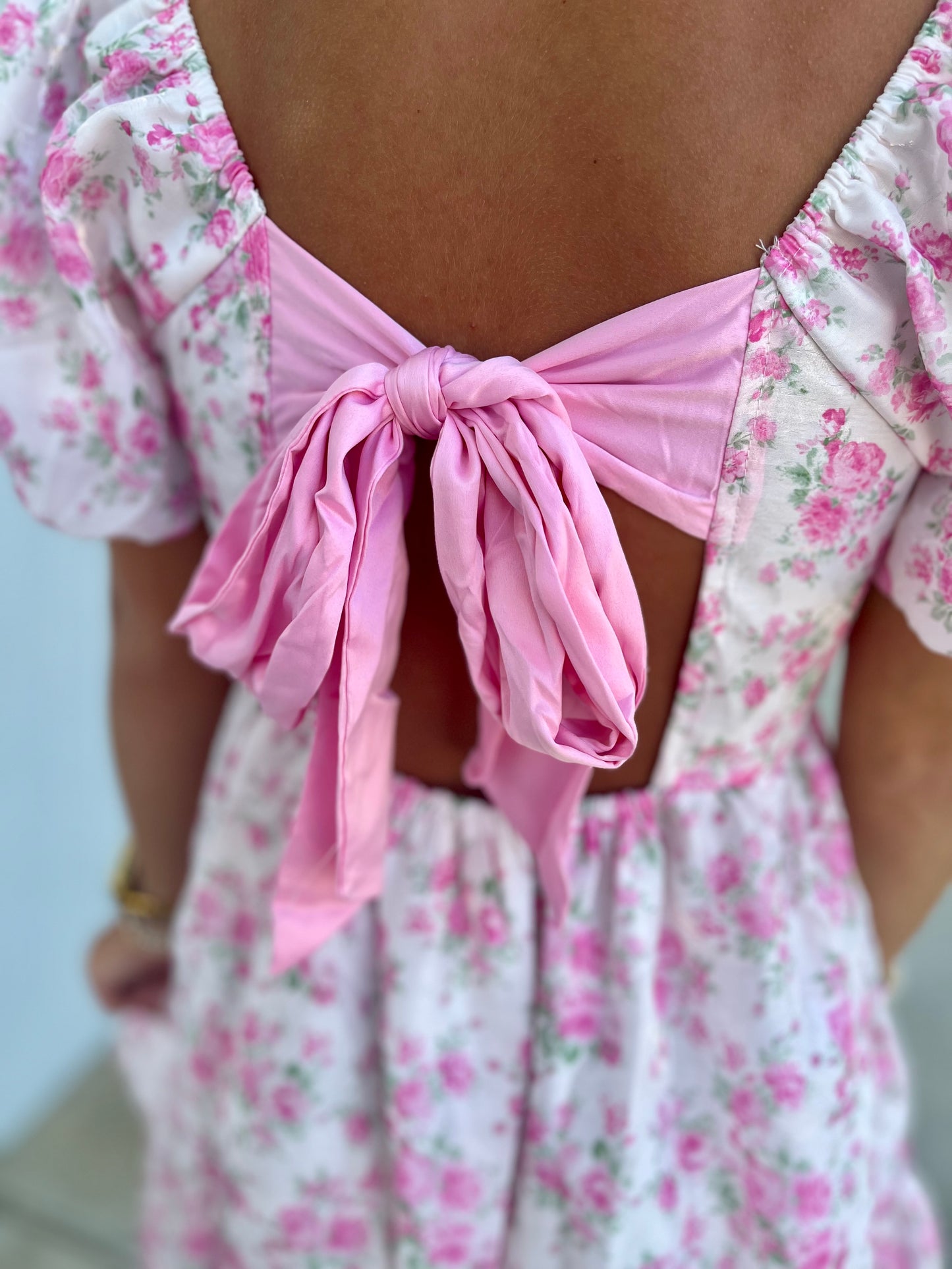 Pink Square Neck w/Bubble Sleeve Mini Dress