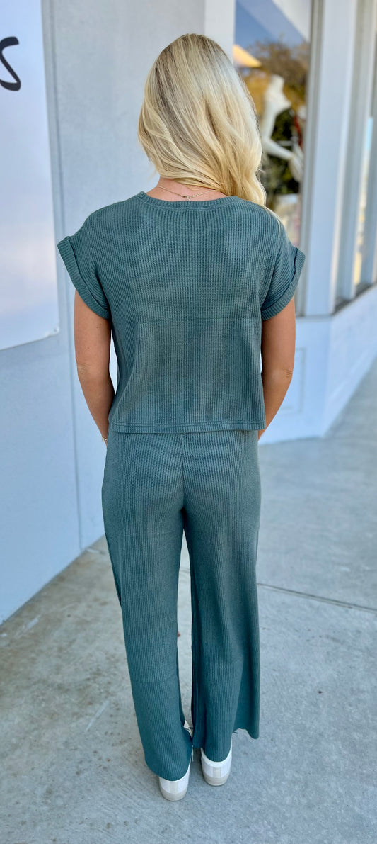 Sweater Rolled Sleeve Top & Pants SET, Ash Jade