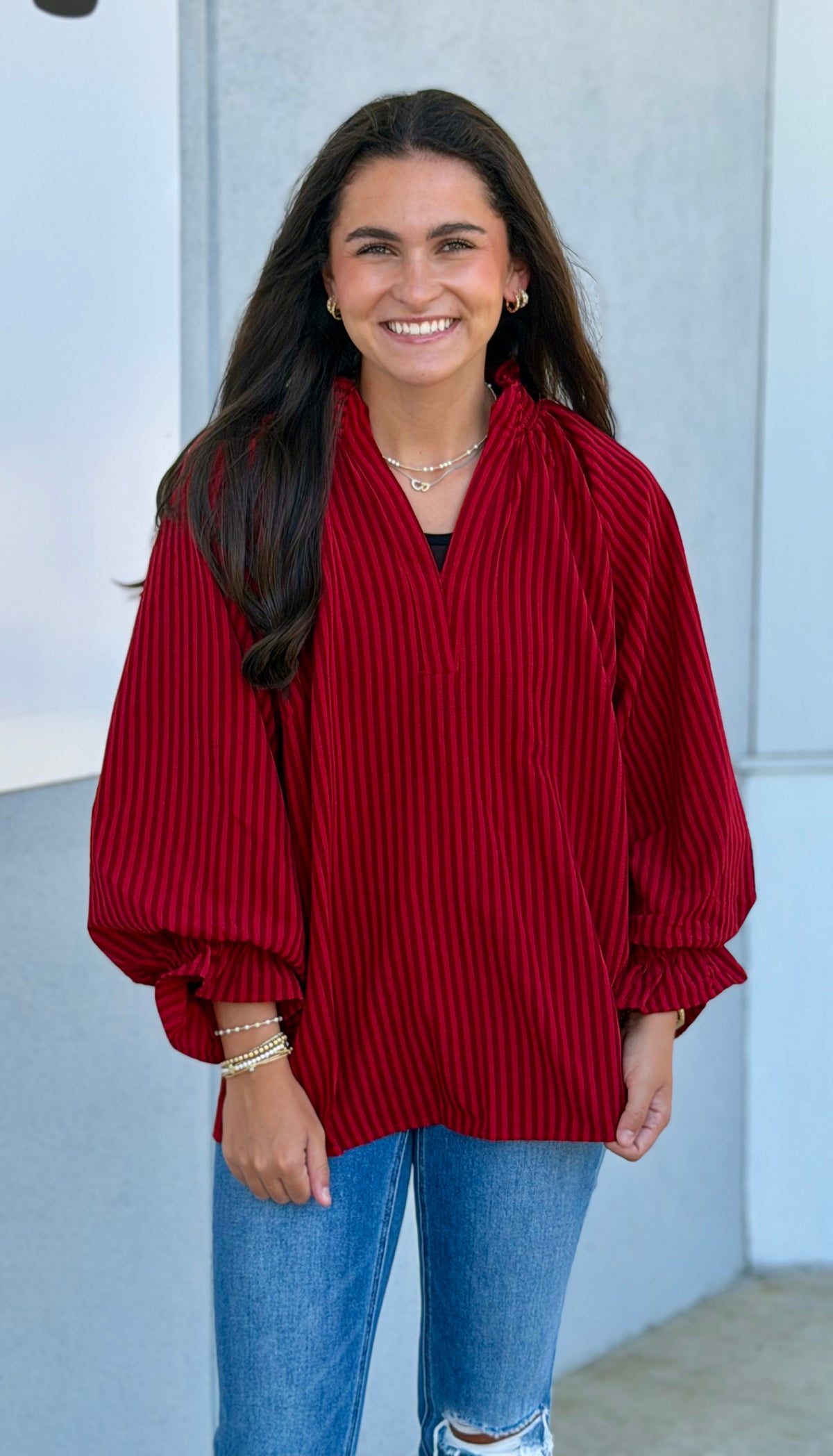 Crimson Stripe Split Neck Blouse