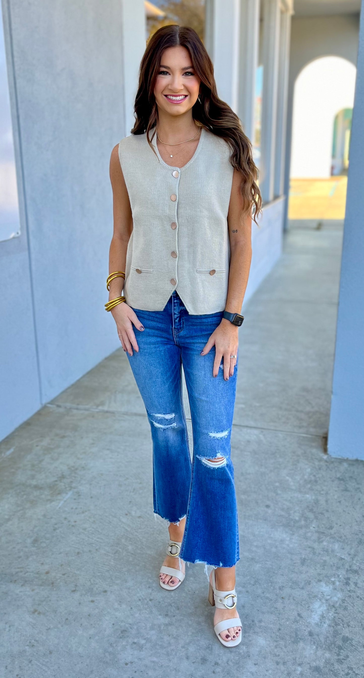 Taupe Round Neck Gold Button Sweater Vest