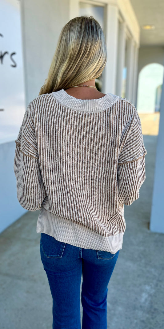 Oversized Two Tone Knit V Neck Sweater, Cream