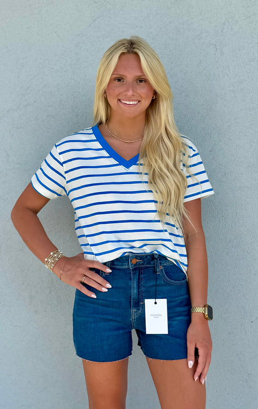 Striped V Neck Tee , Ocean Blue