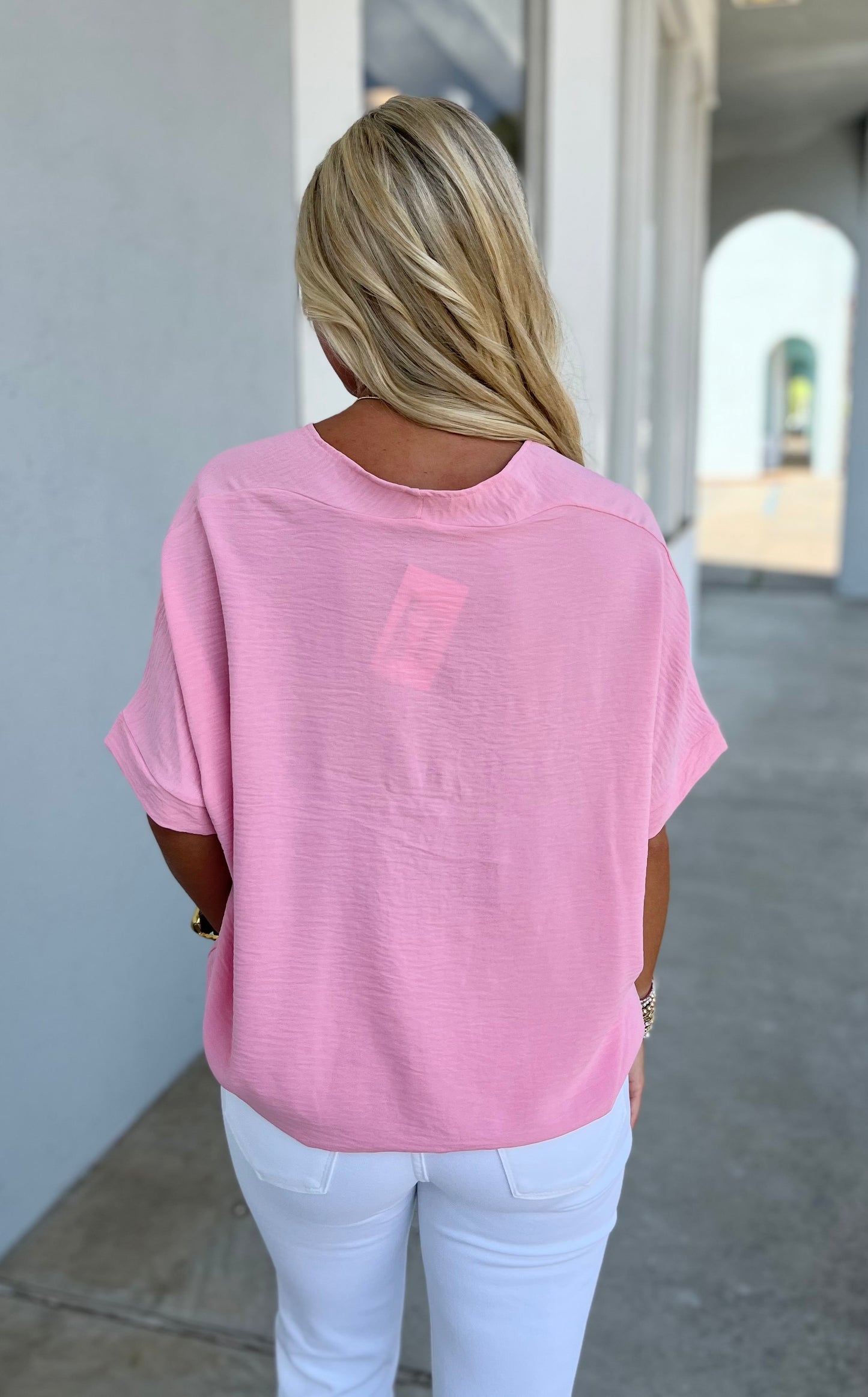 Neon Pink Boxy V Neck Top