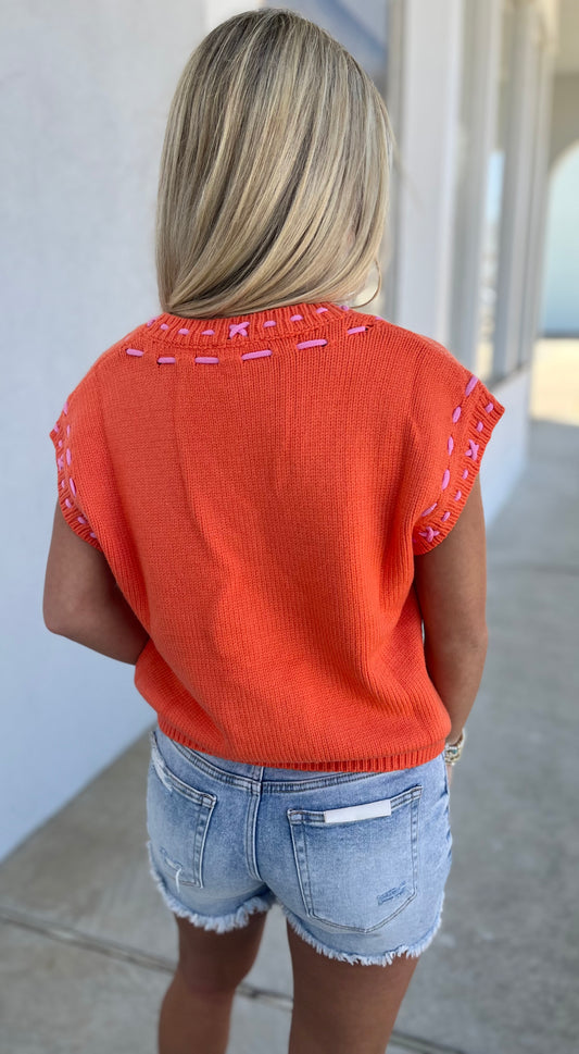 Orange Stitched V Neck Knit Top