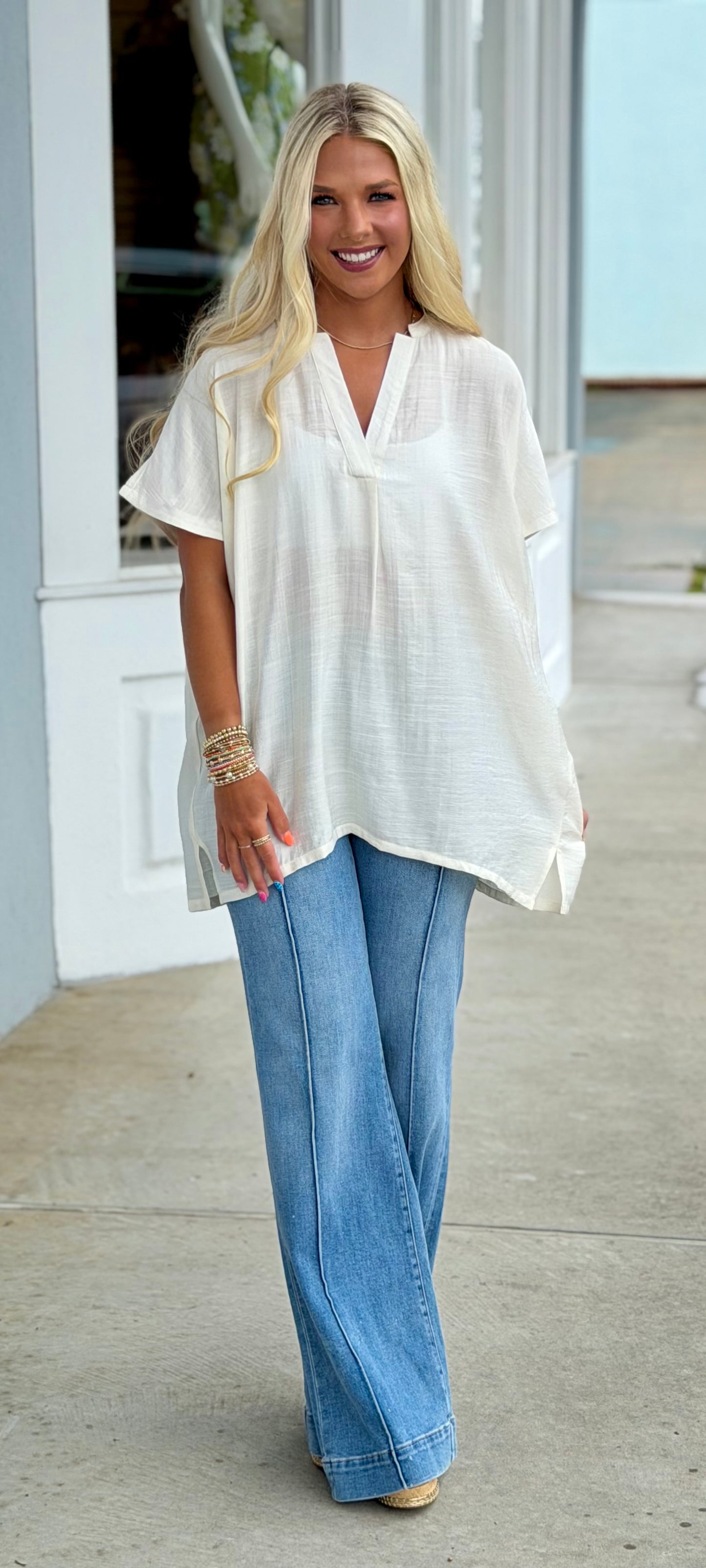 Cream Oversized V Neck Tunic