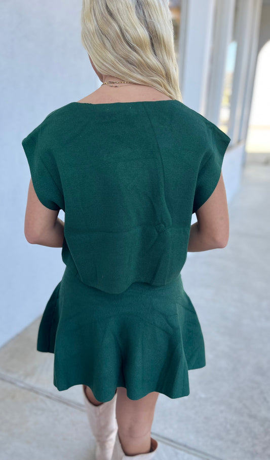 Forest Green Sleeveless V Neck Sweater & Mini Skirt SET