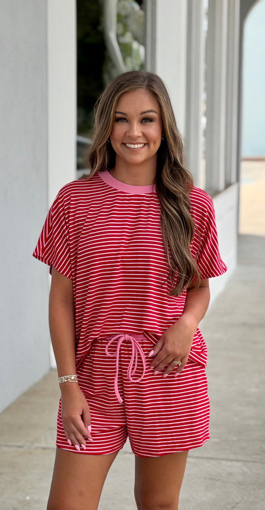 Red/Candy Pink Stripe Knit Top and Shorts SET