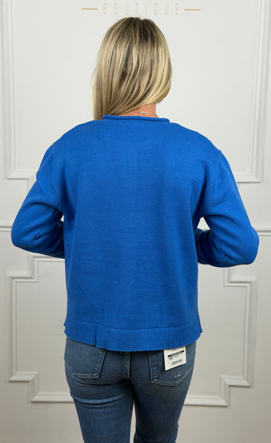 Raw Edge Neckline Button Up Cardigan , Royal