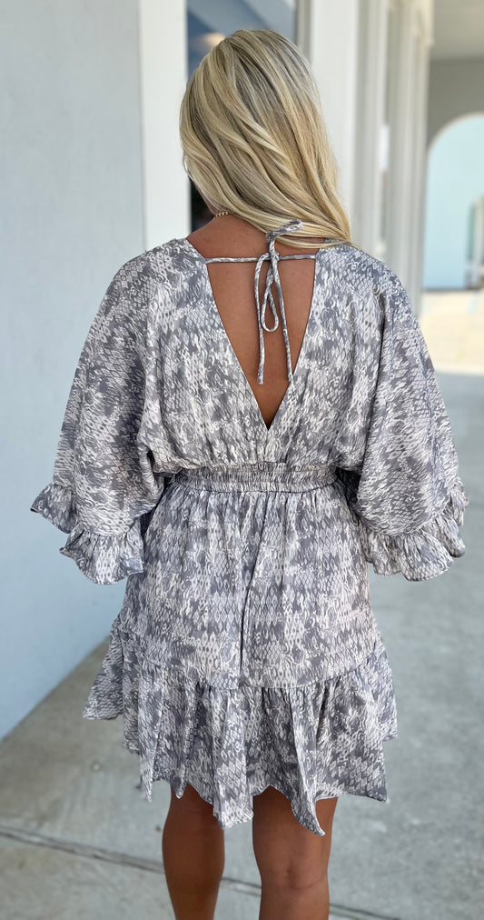 Grey Wrap-Front Neck Flutter Sleeve Waist Smocked Mini Dress
