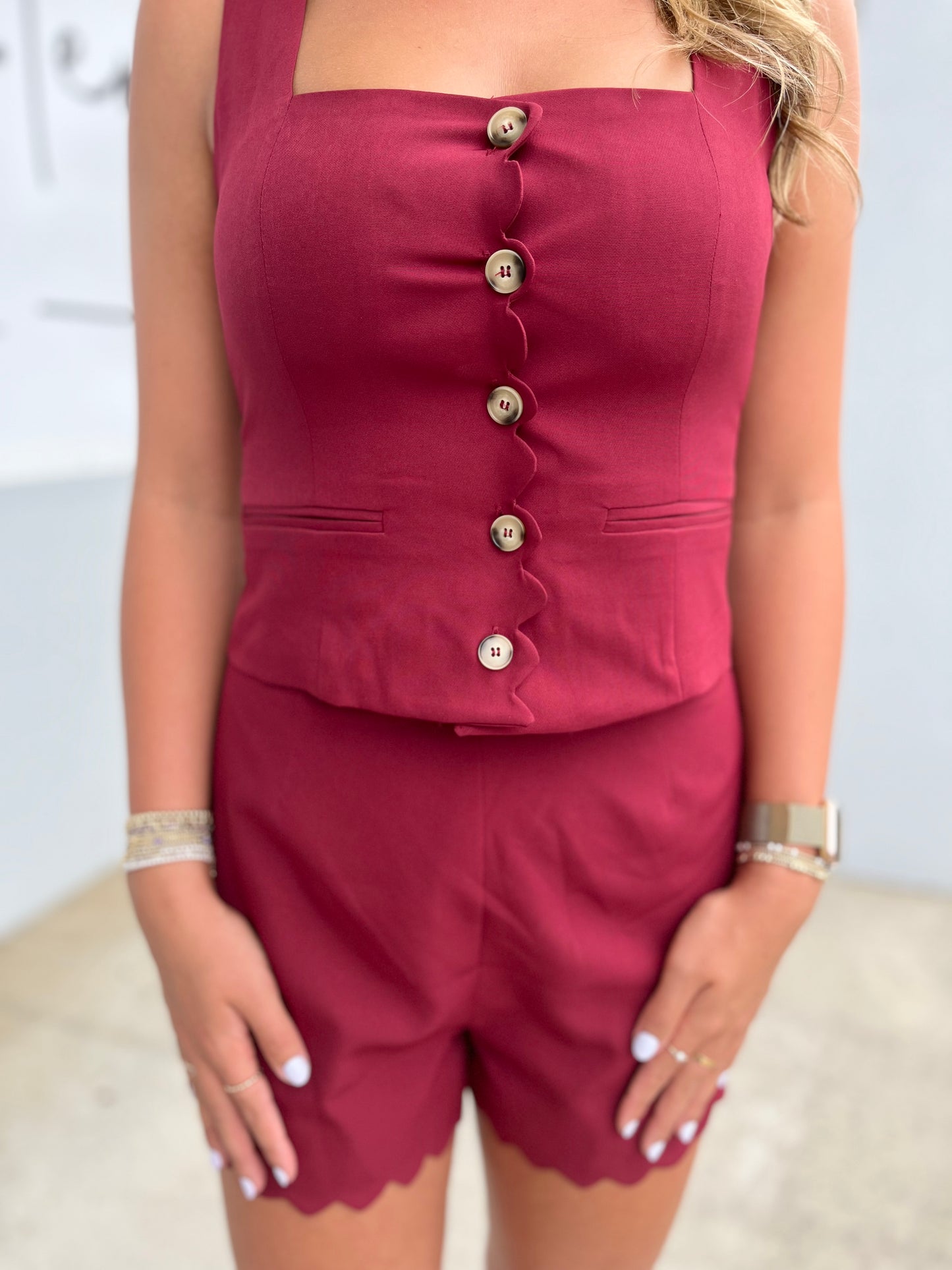 Burgundy Scallop Edge Romper With Button Down