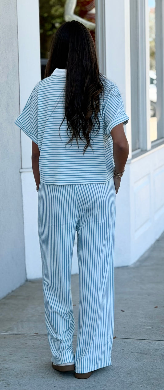 Striped Split Neck Collared Top & Pants SET, Sea Angel
