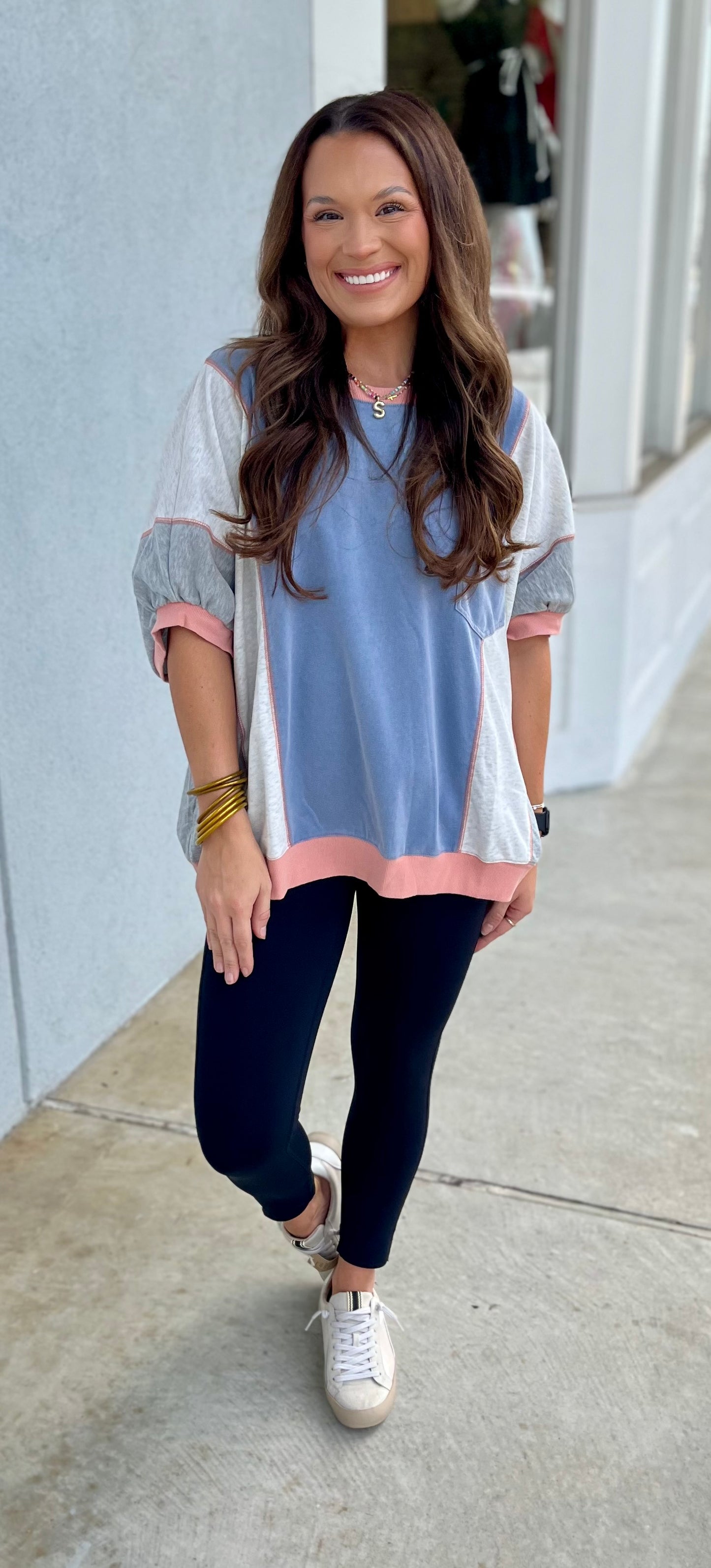 Short Sleeve Color Block Pullover , Denim Grey