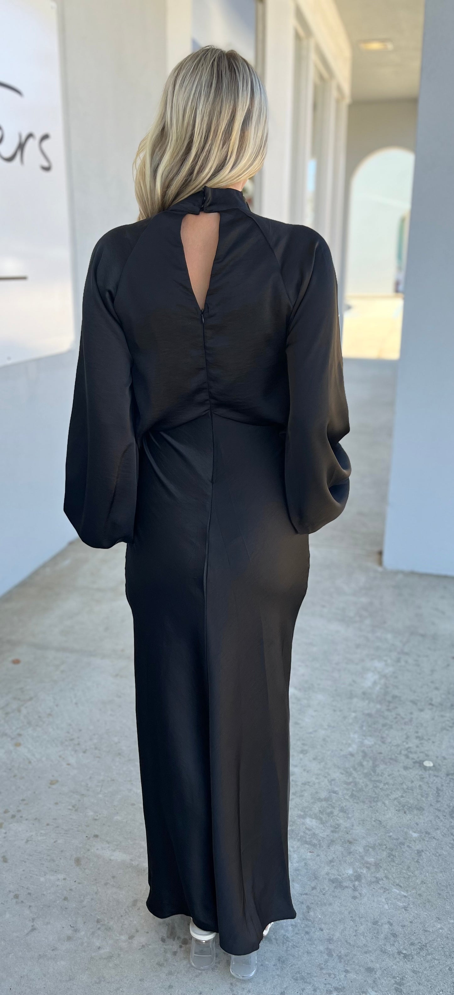 Black Mock Neck V Neck Maxi Dress