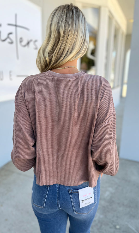 Mineral Washed Waffle Long Sleeve Top, Chestnut