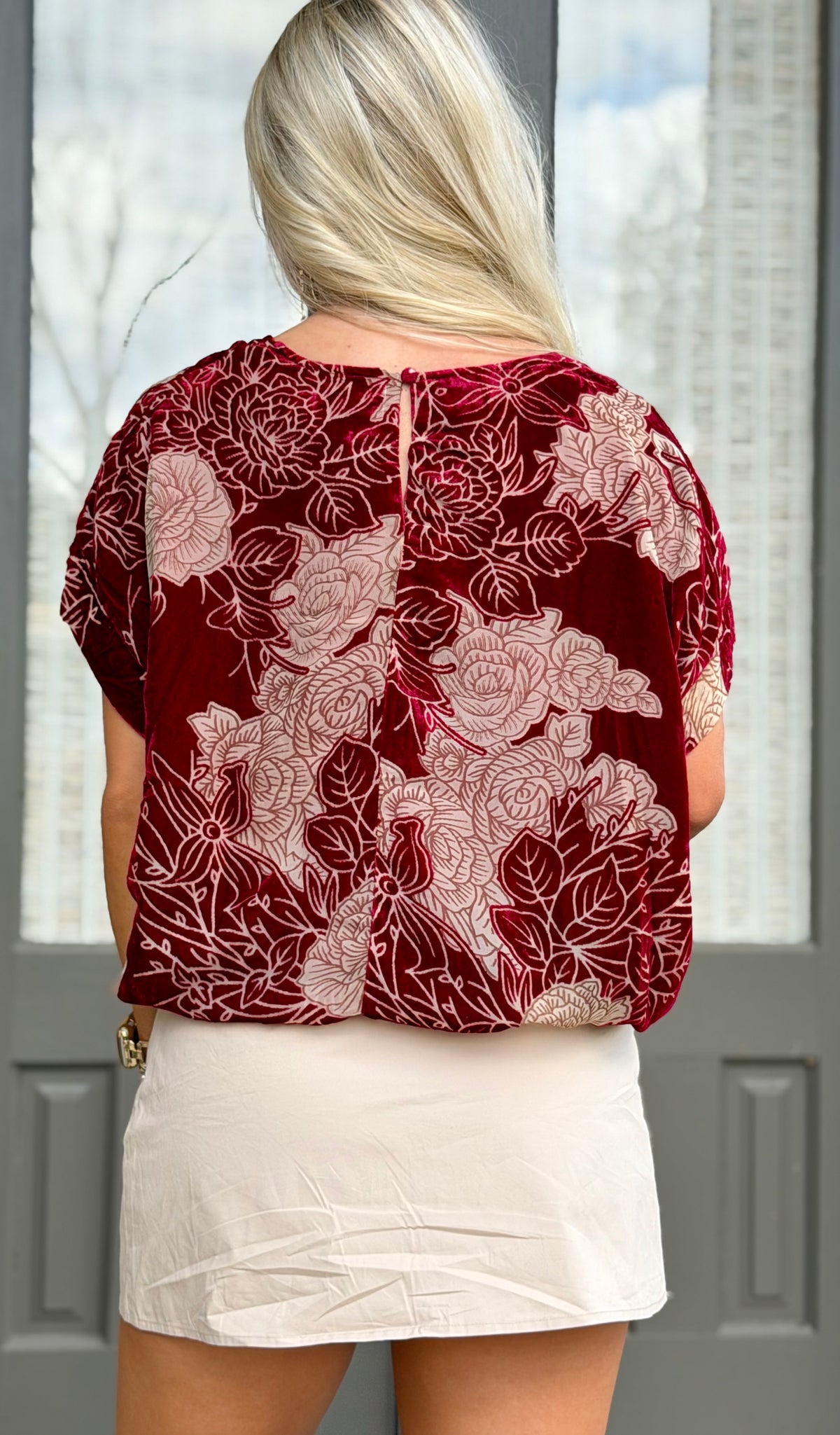 Burgundy Floral Burnout Velvet Top