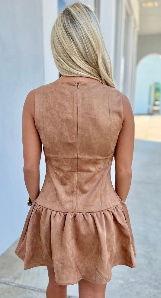 Camel Suede Ruffle Drop Dress