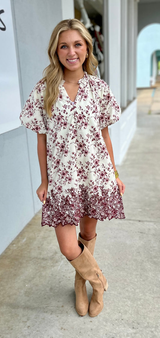 Burgundy Bubble Sleeve Embroidered Hem Dress