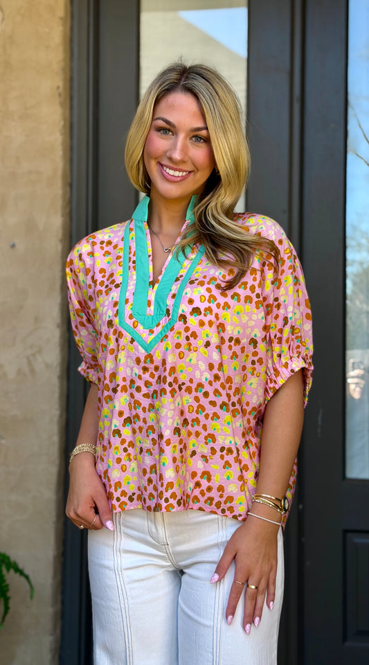 Blush Printed Contrast Trim V Neck Top