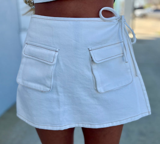 Off White Denim Wrap Skort With Pockets