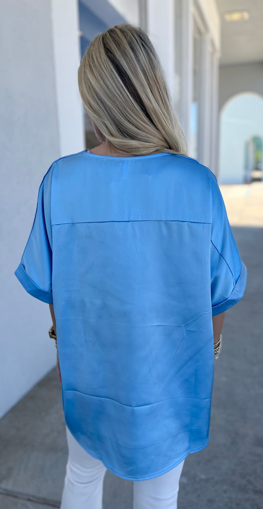 Blue V Neck Cuff Sleeve Top