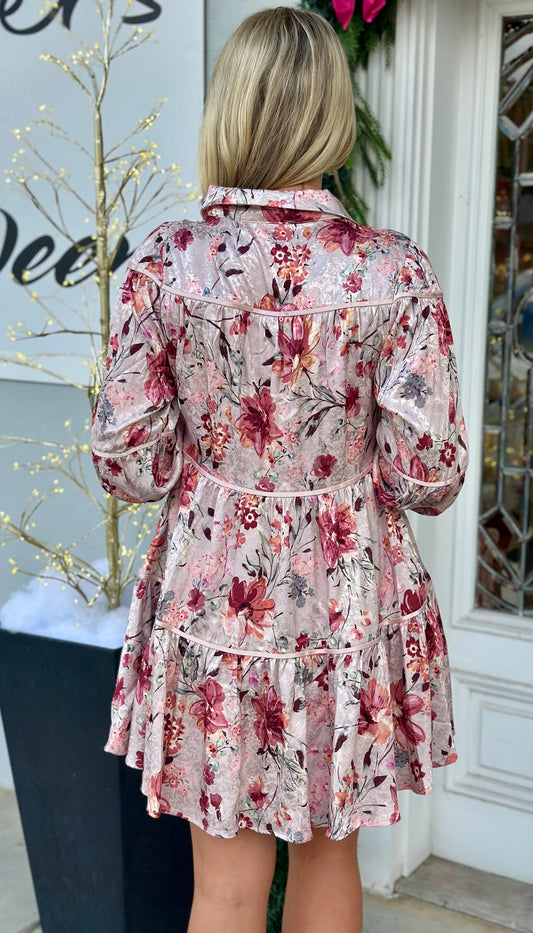 Mauve Floral Button Down Collar Mini Dress