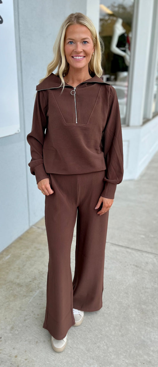 Ribbed High Neck Half Zip Top & Pants SET, Brown